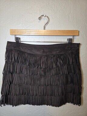 Fringe Suede Western Cowgirl Mini Skirt - Dark Brown Size 7